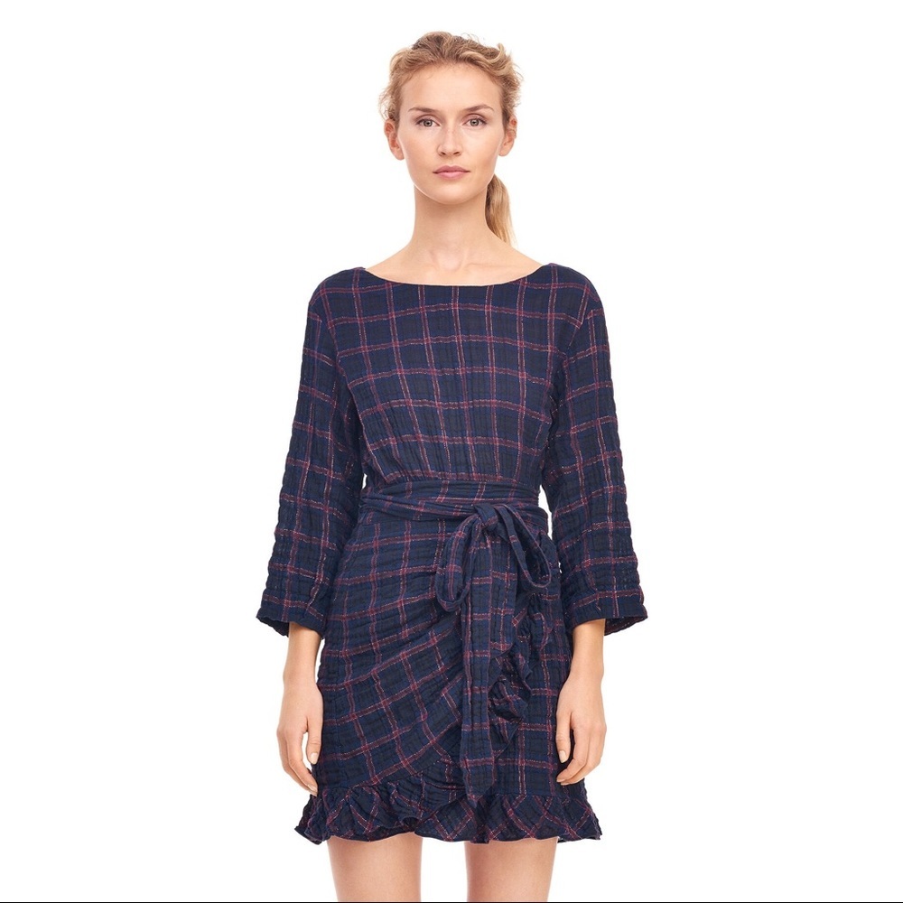 La Vie Blue Metallic Lurex Plaid Wrap Mini Dress
